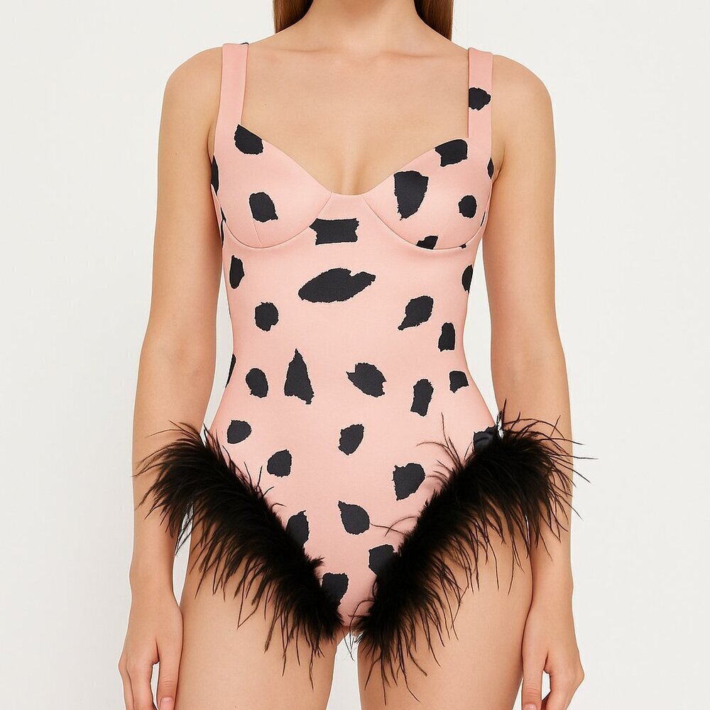 Miscreants Leo Bodysuit Pink Black Feather Trim UK 6 / US 2 NWT